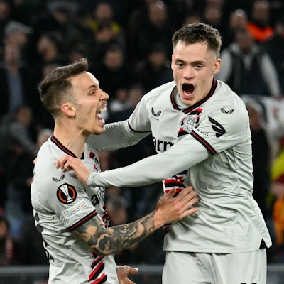 Jubel in Rom: die Leverkusener Florian Wirtz und Alejandro Grimaldo.