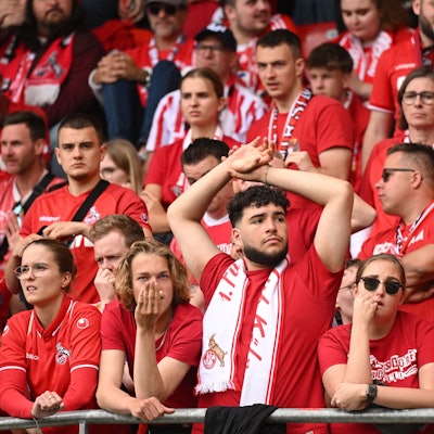 Kölner Fans sitzen in Heidenheim auf der Tribüne und begleiten das Trauerspiel des 1. FC Köln.