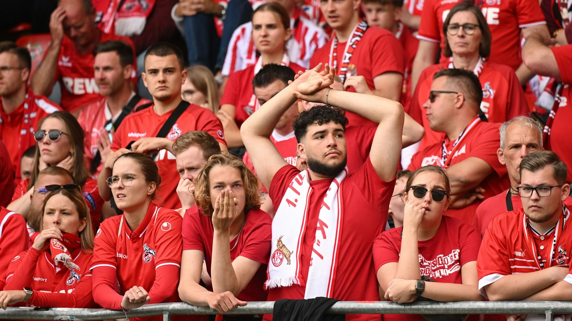 Kölner Fans sitzen auf der Tribüne der Voith-Arena in Heidenheim.