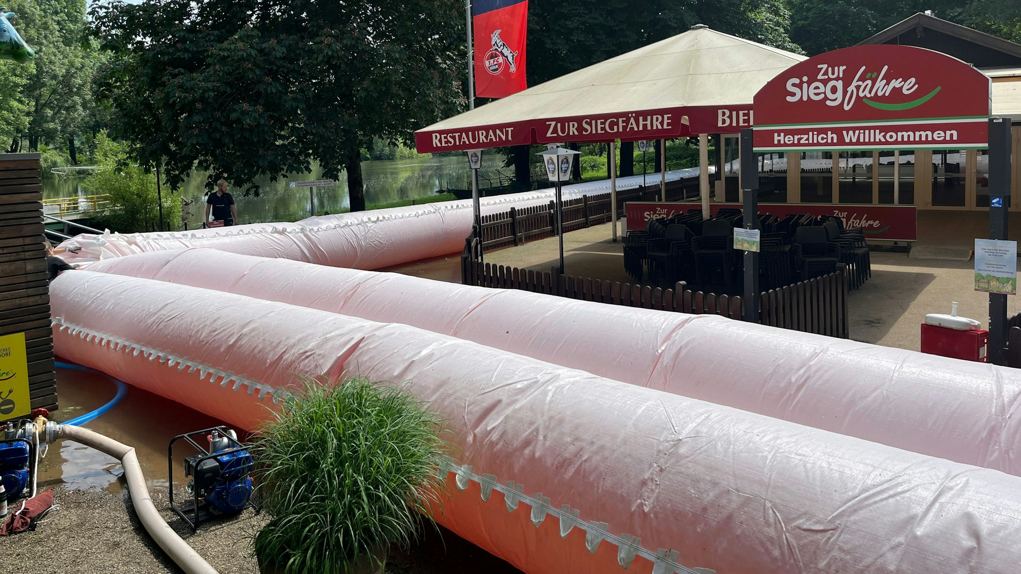 Erstmals in der Geschichte der Gaststätte „Zur Siegfähre“ wird ein Hochwasserschutz gegen die steigende Flut aufgebaut.
