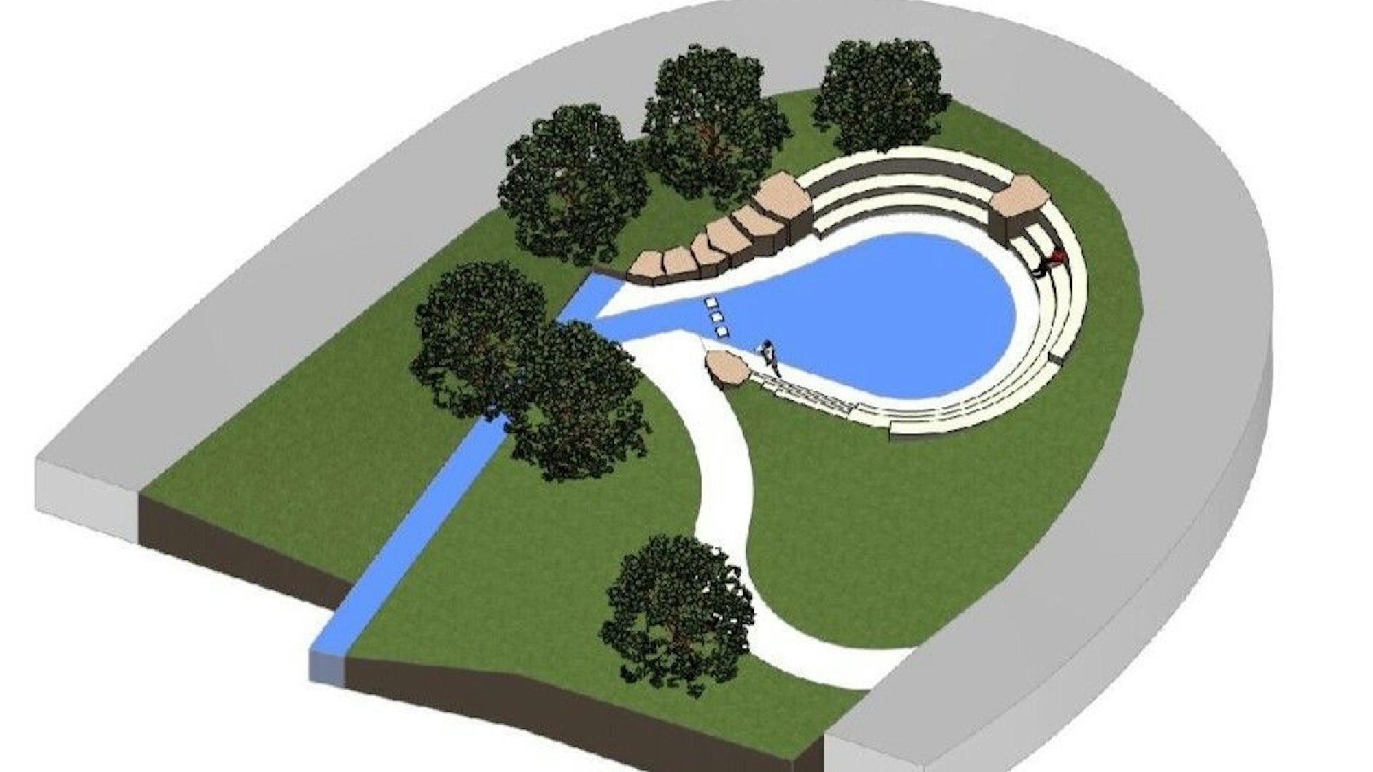 Eine Darstellung zeigt ein Gewässer, das von Steintreppen und Grün umrundet wird.