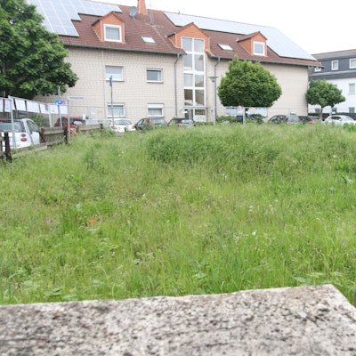 Im Vordergrund ein brachliegendes, bewachsenes Grundstück, im Hintergrund Häuser.