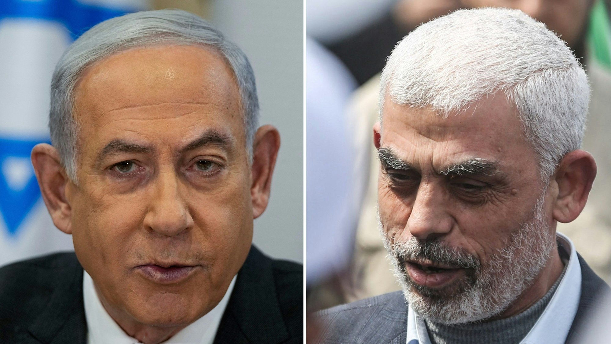 Die Bildkombo zeigt Benjamin Netanjahu, Ministerpräsident von Israel (l.) und den Anführer der Terrororganisation Hamas im Gazastreifen, Jihia al-Sinwar (r.).