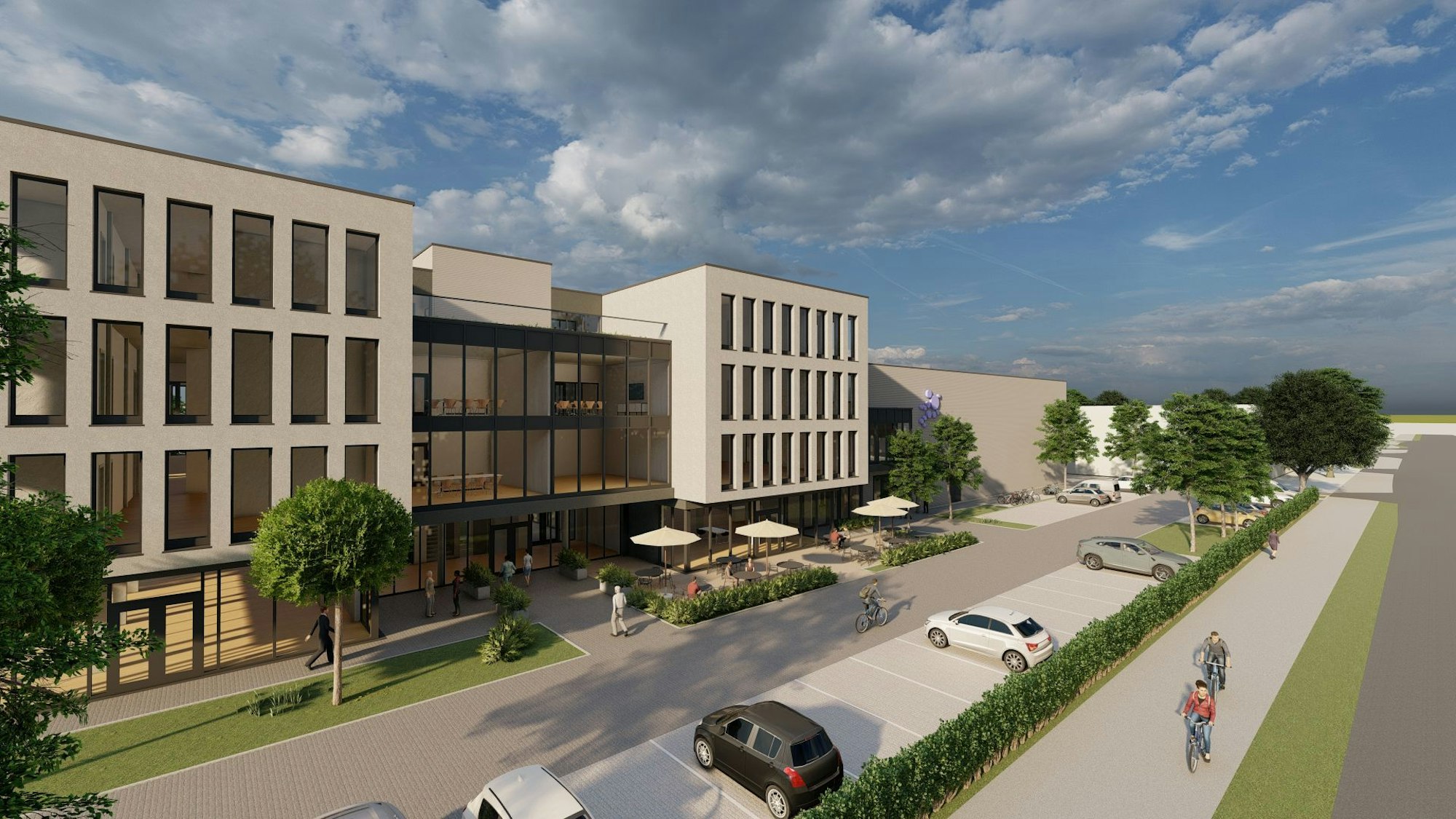 Eine Computervisualisierung. Im Vordergrund ein modernes Bürogebäude mit vier Etagen; davor Parkplätze und eine Außengastronomie. Rechts anschließend eine Sporthalle.