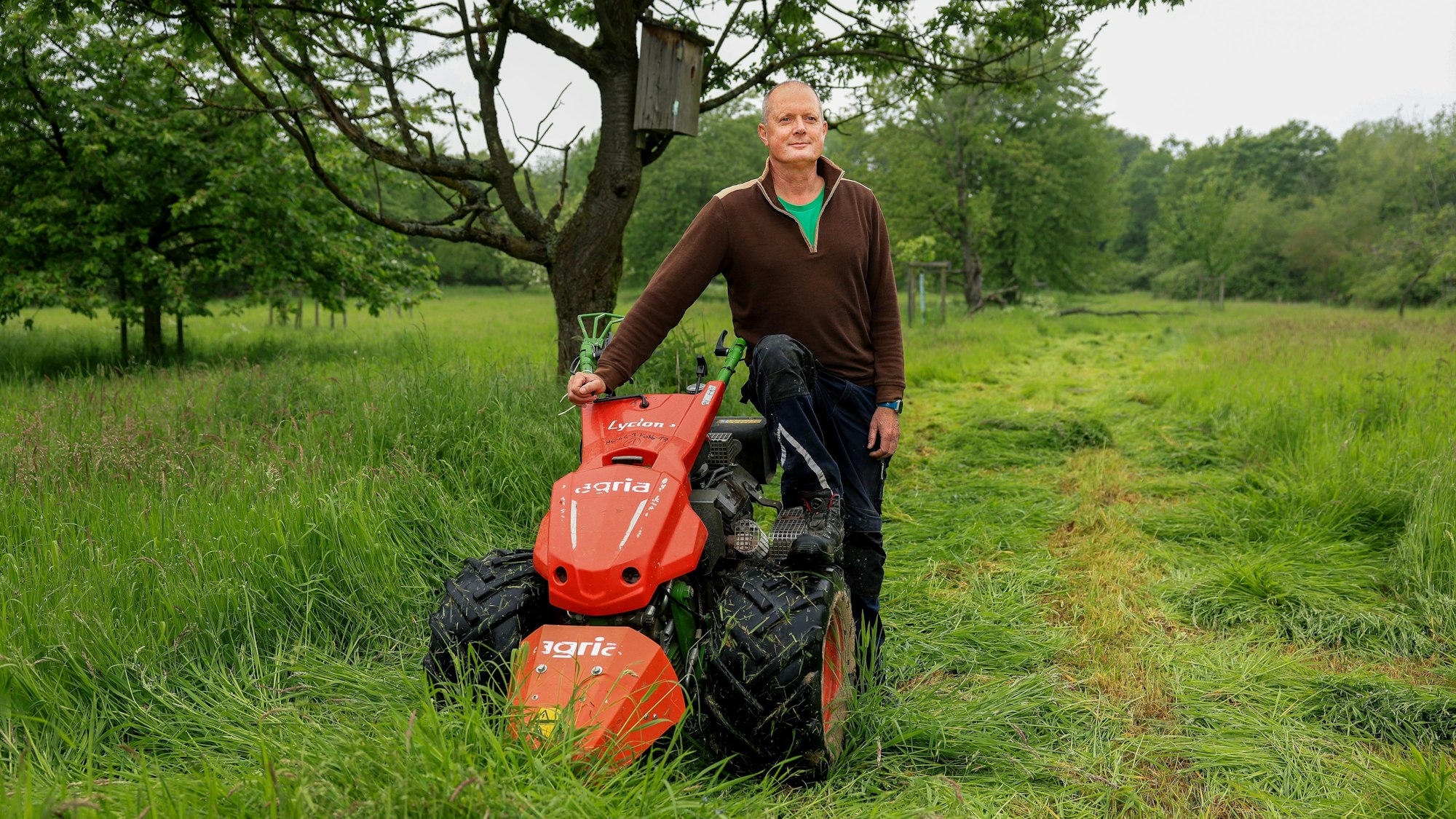 Michael ist Rentner und engagiert sich über den Bundesfreiwilligendienst beim BUND und pflegt Biotope. Er ist mit einem Mäher zu sehen auf einer saftig grünen Wiese.