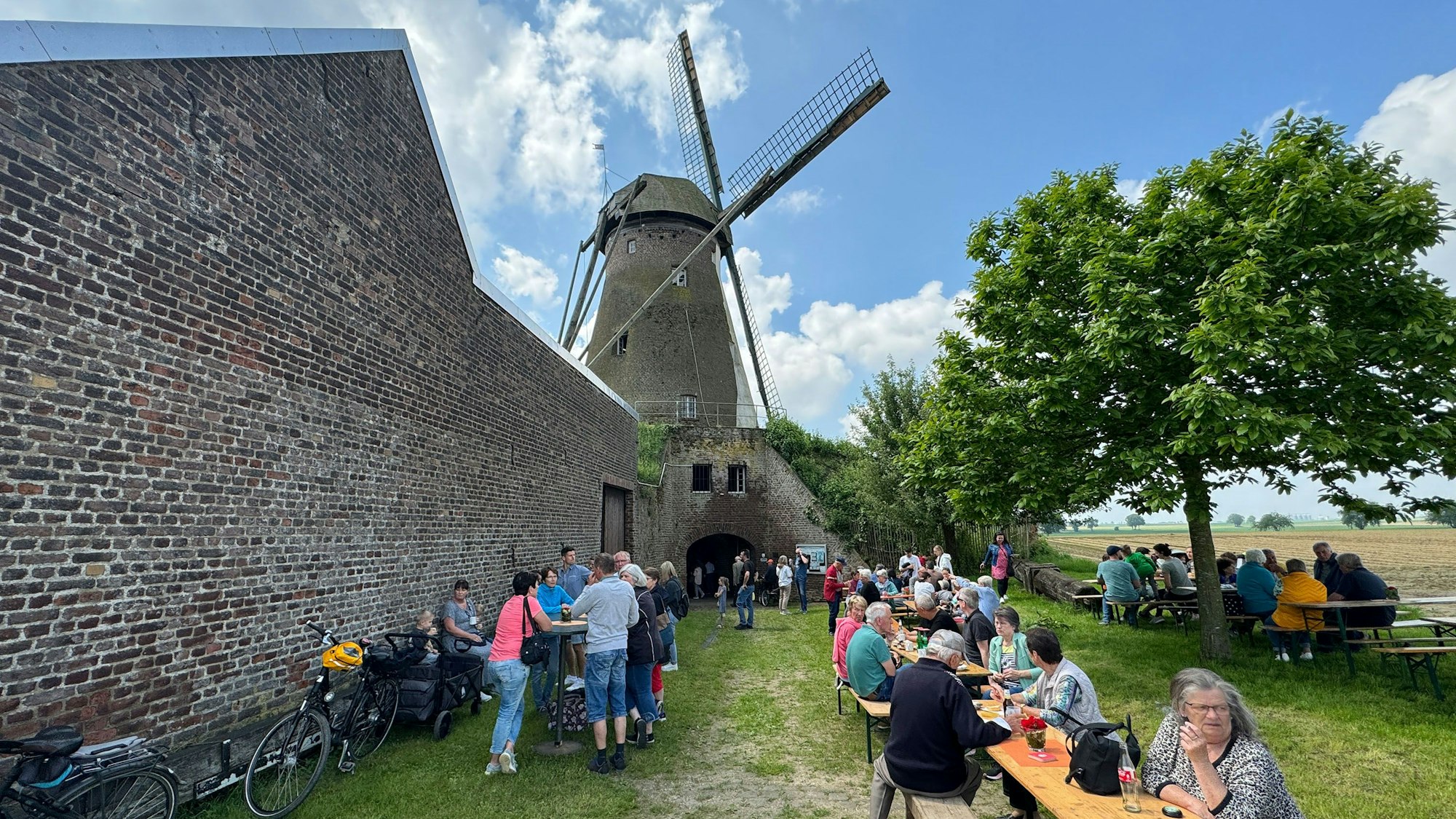Die Grottenhertener Mühle mit Besucherinnen und Besuchern am Deutschen Mühlentag.
