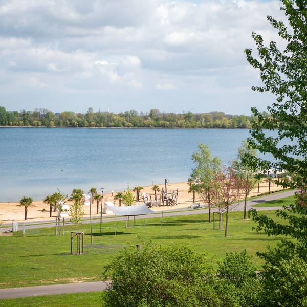 Das Bild zeigt den Wassersportsee in Zülpich mit Sandstrand und Palmen im Frühling.