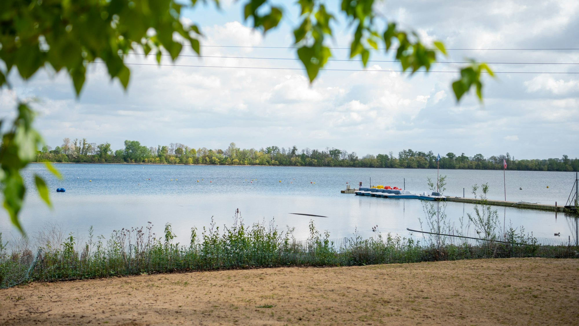 Hinter einem Sandstrand sieht man eine Seefläche. Rechts im Bild ist ein Bootssteg zu erkennen. Um den See herum wachsen Bäume.