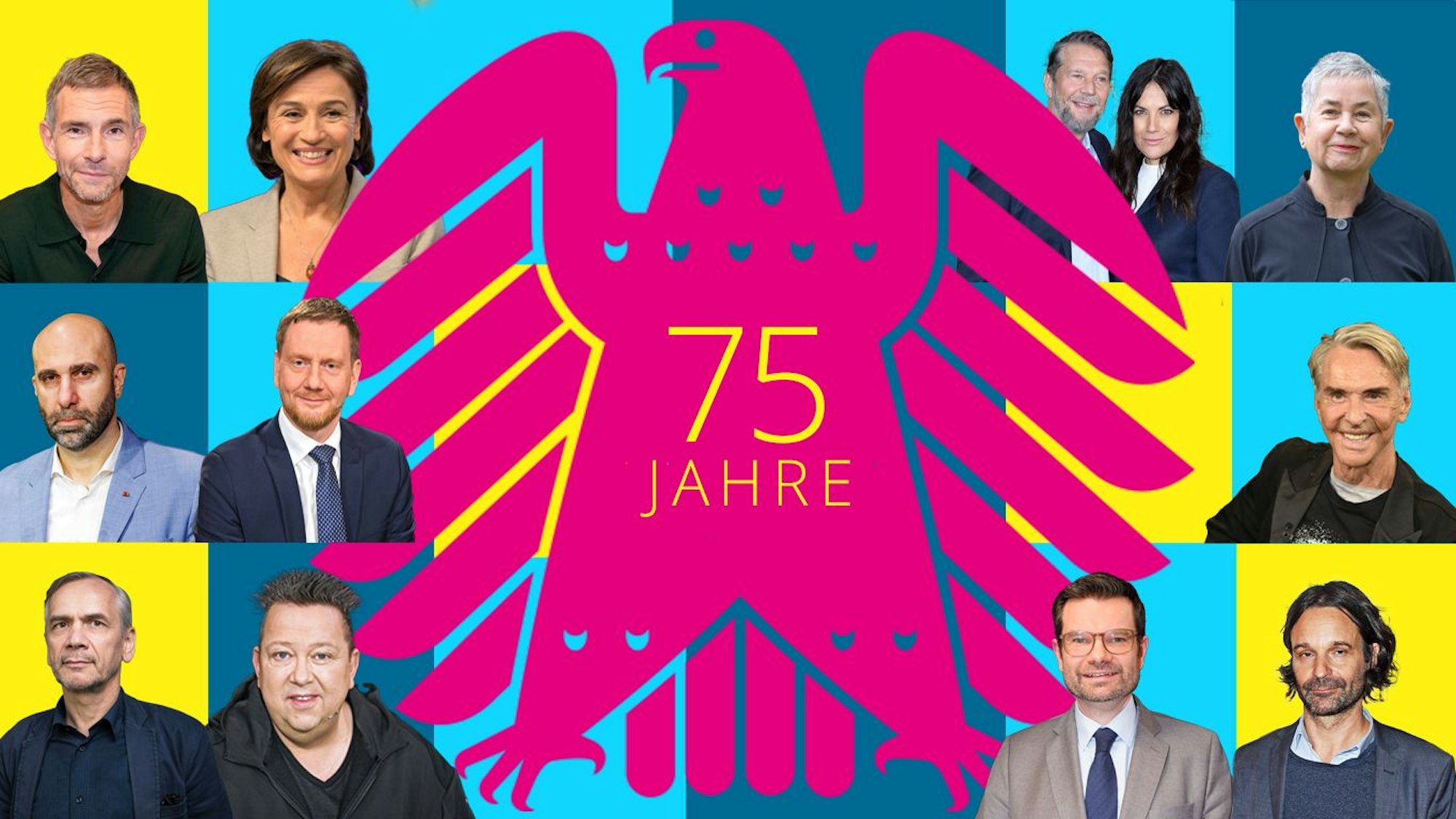 Der Bundesadler liegt als Icon auf einer Bildcombo. In der Mitte steht der Schriftzug 75 Jahre Grundgesetz.