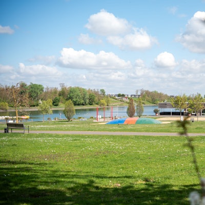 Das Bild zeigt einen kleinen Teil des von Wiesen und Wald umgebenen Zülpicher Wassersportsees.