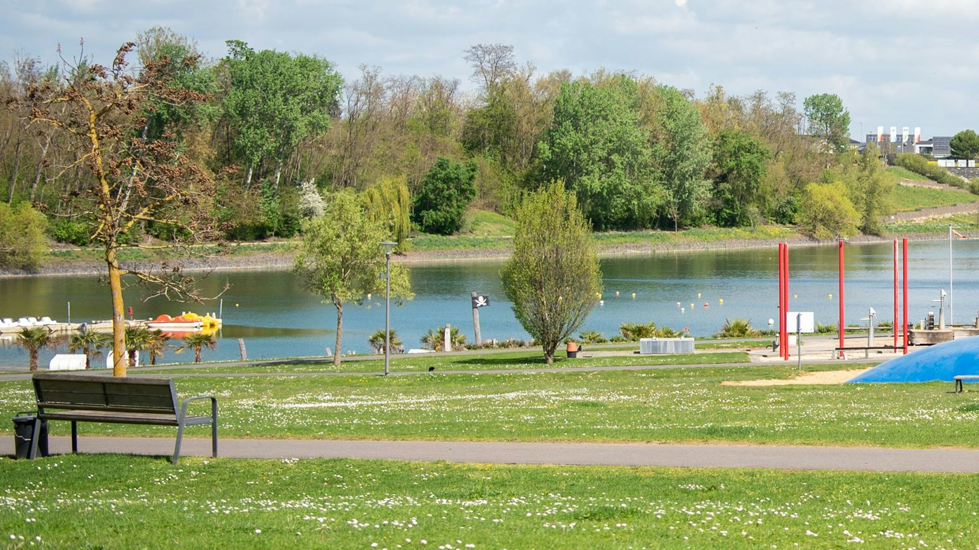 Das Bild zeigt einen kleinen Teil des von Wiesen und Wald umgebenen Zülpicher Wassersportsees.