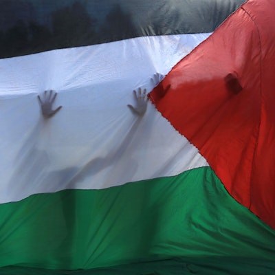 Palästinensische Freiwillige stehen hinter einer palästinensischen Fahne, durch die ihre Silhouetten zu erkennen sind.