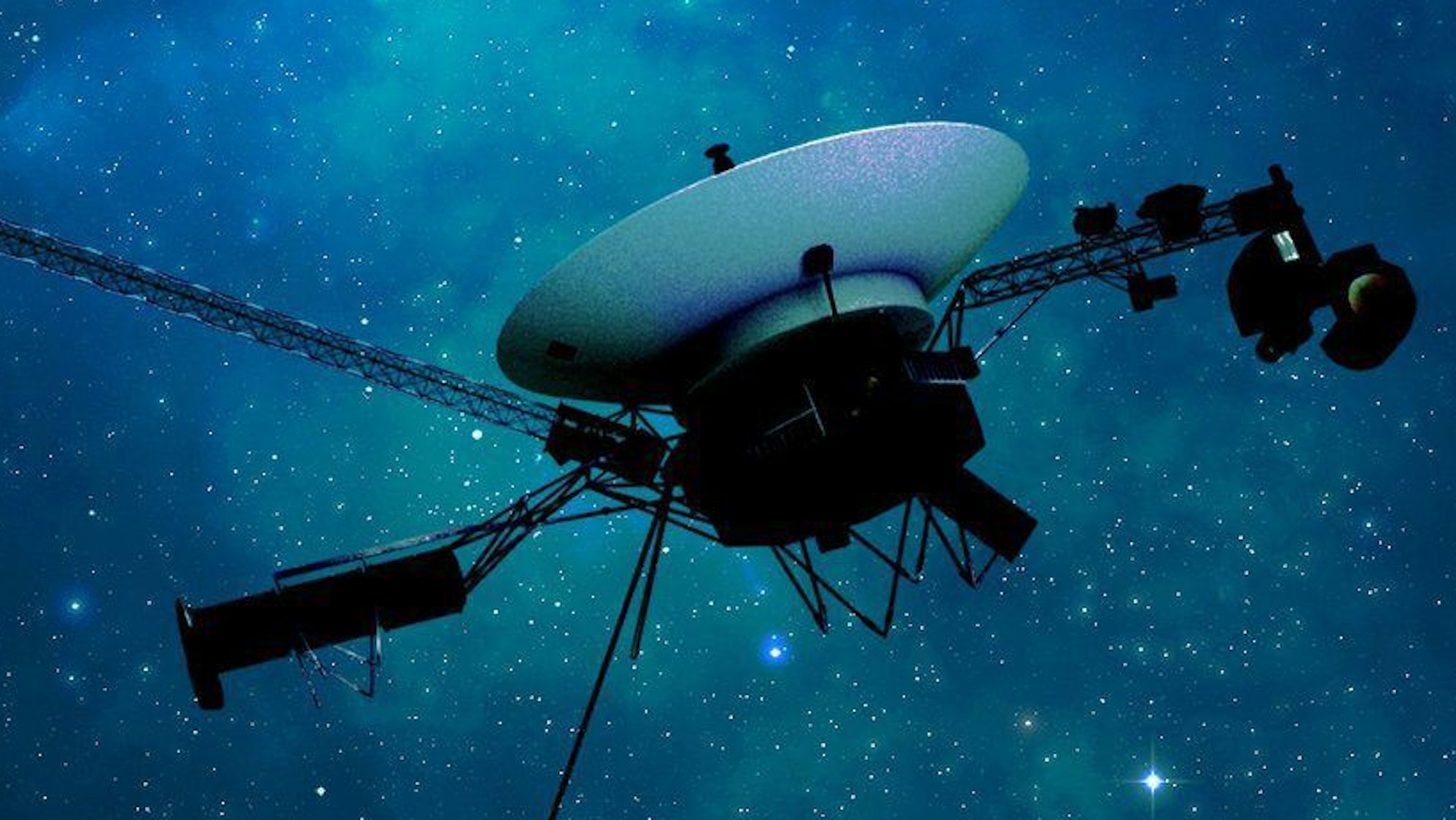 Die Darstellung eines Künstlers zeigt die Raumsonde Voyager 1 der Nasa auf ihrer Reise durch den interstellaren Raum bzw. den Raum zwischen den Sternen, in den sie 2012 eindrang.