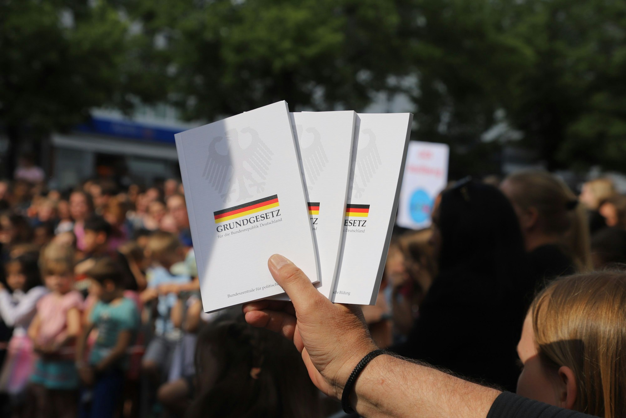 Ein Männerarm hält drei Exemplare des Grundgesetzes vor einer Menschenmenge hoch.