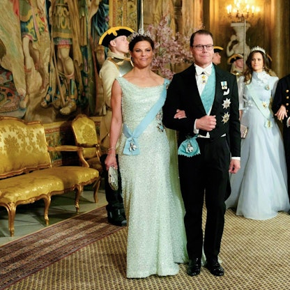 Kronprinzessin Victoria von Schweden, Kronprinz Daniel von Schweden, Prinzessin Sofia von Schweden und Prinz Carl Philip von Schweden beim Staatsbankett im Stockholmer Schloss Anfang Mai.