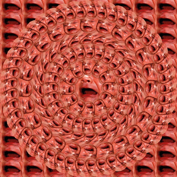 Weinende Säuglinge in Tiefrot bilden ein geometrisches Muster.