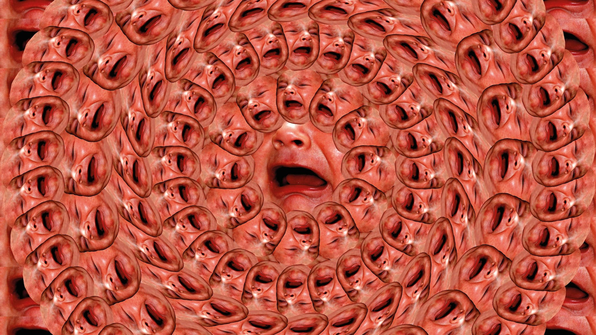 Weinende Säuglinge in Tiefrot bilden ein geometrisches Muster.