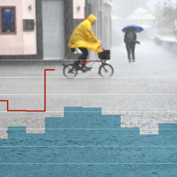 EIn Fahrradfahrer fährt im Starkregen an der Kölner Frankenwerft.