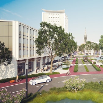 Eine Visualisierung zeigt den Barbarossaplatz ohne Stadtbahnen und mit vielen Grünflächen.