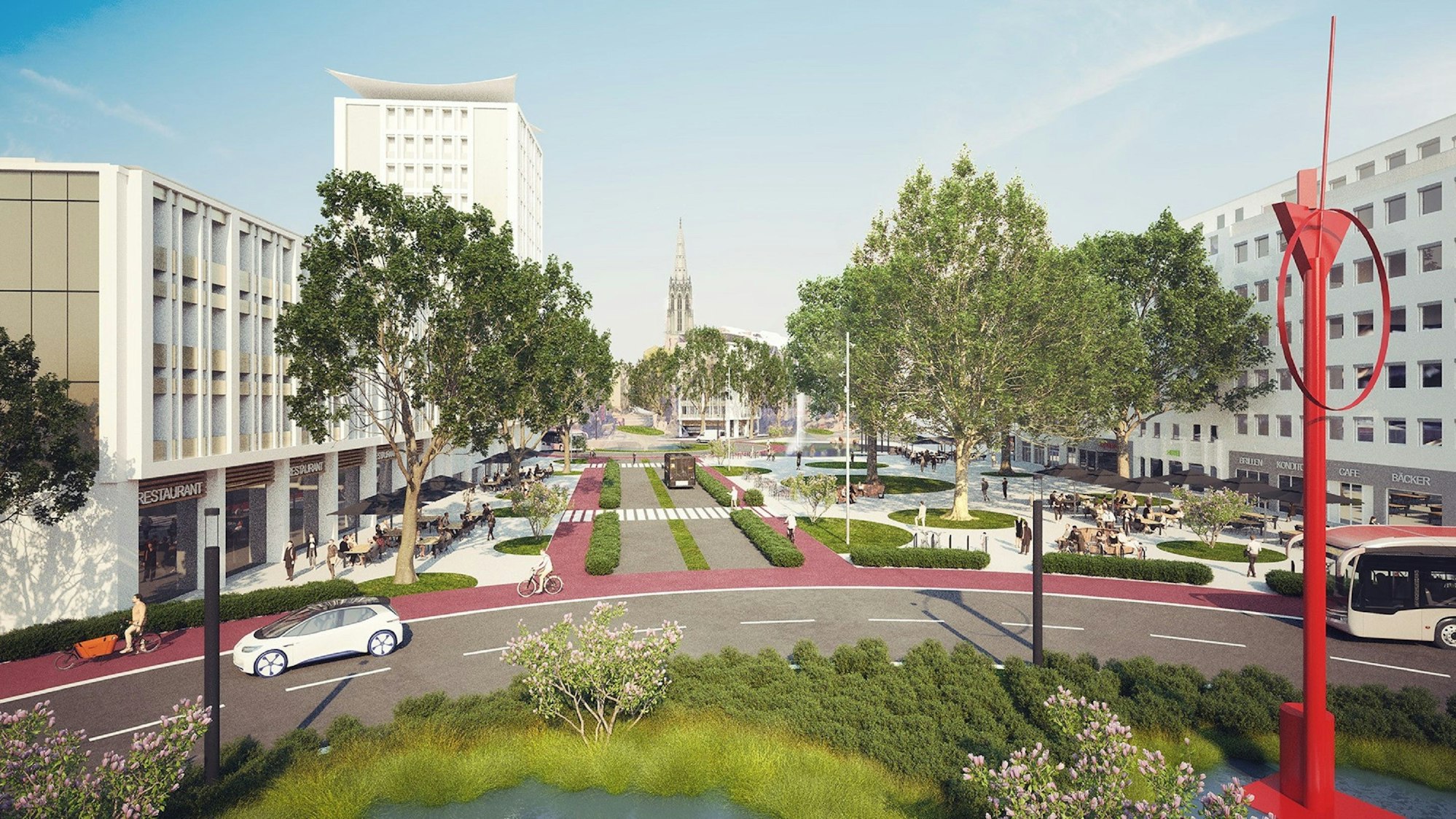 Eine Visualisierung zeigt den Barbarossaplatz ohne Stadtbahnen und mit vielen Grünflächen.