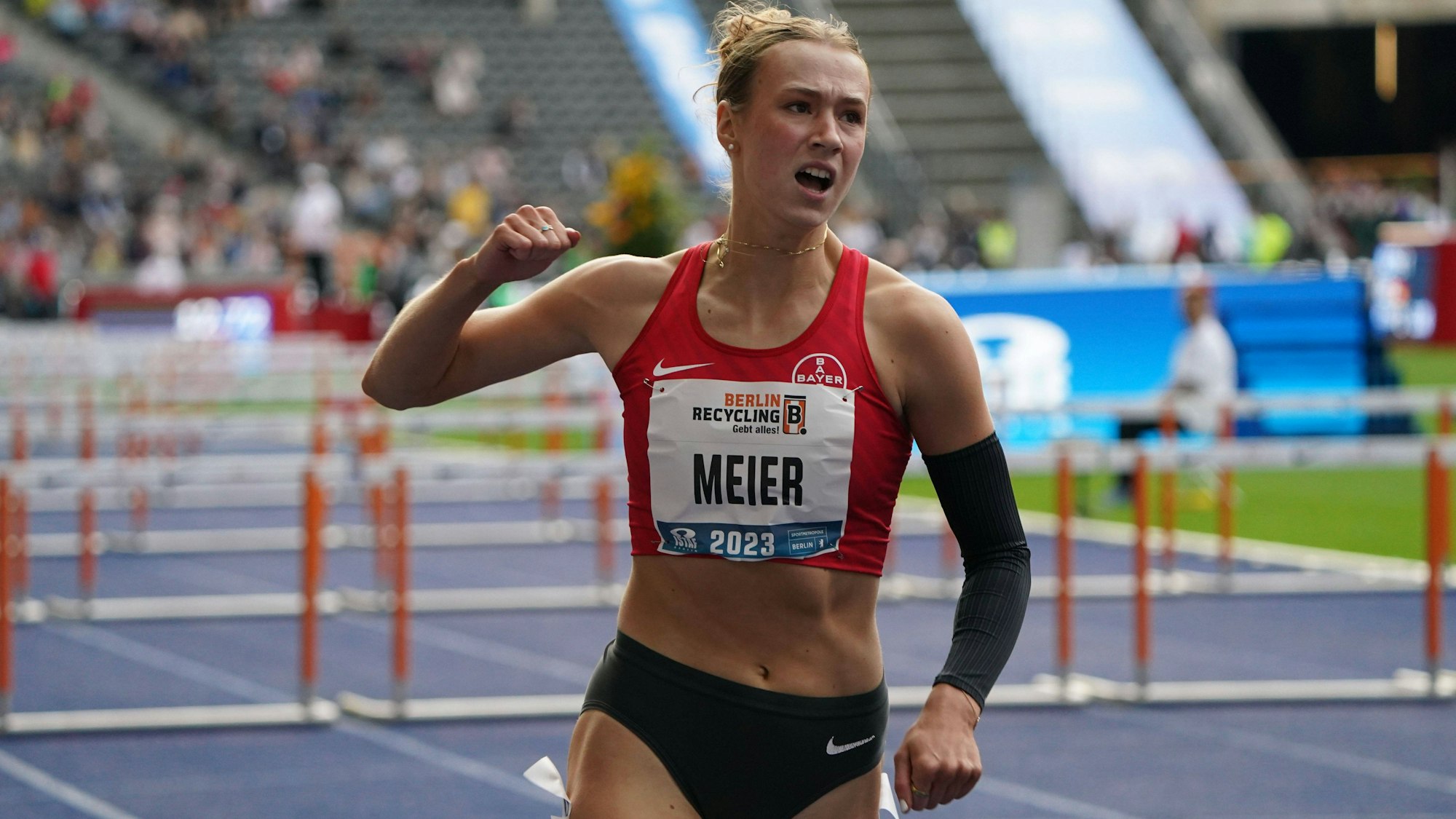 Leichtathletik, Track & Field, Athletics, world athletics Meeting, ISTAF Berlin 2023, 03.09.2023 Olympiastadion Berlin, 100m Hürden Frauen Marlene Meier TSV Bayer 04 Leverkusen *** Athletics, Track Field, Athletics, world athletics Meeting, ISTAF Berlin 2023, 03 09 2023 Olympiastadion Berlin, 100m hurdles women Marlene Meier TSV Bayer 04 Leverkusen