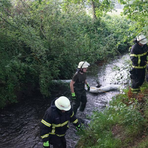 Feuerwehrleute waten durch den Bach, in dem sie mit einem Feuerwehrschlauch eine Sperre errichtet haben.