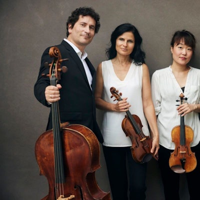 Auf dem Bild sieht man die Musikerinnen und Musiker des Quartetts. Die beiden Herren stehen außen und tragen Schwarz, die Damen innen tragen Weiß. Alle vier halten ihre Instrumente vor sich.