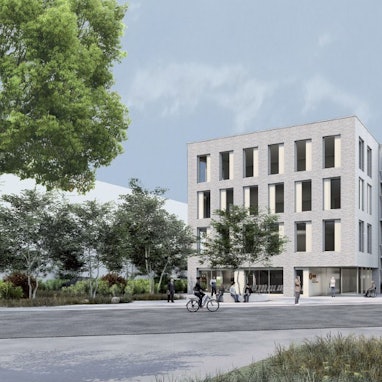 Das Bild zeigt eine Grafik des geplanten Akademiegebäudes der Agewis an der Steinmüllerallee.