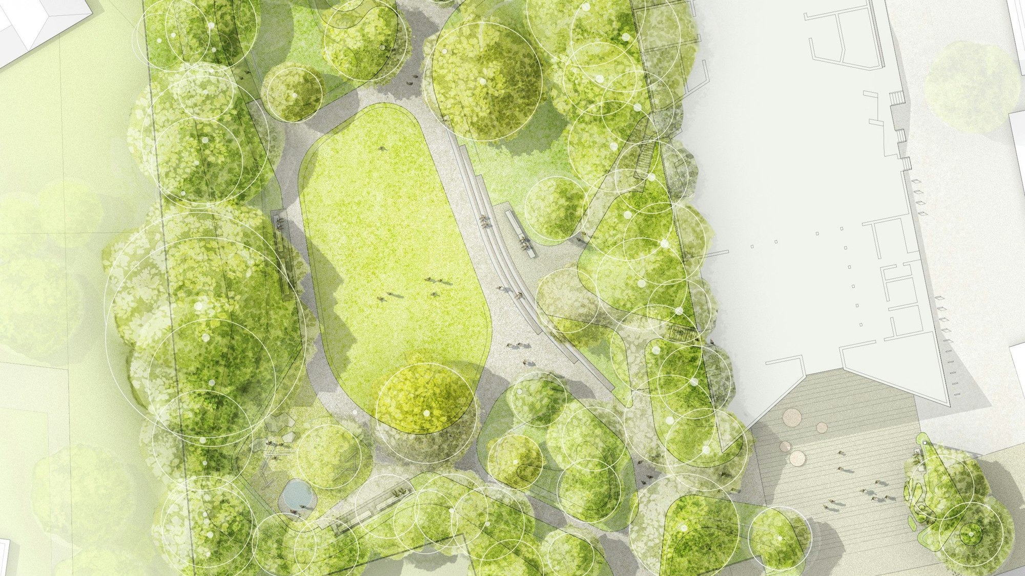 Vorplatz des Kulturforums und Luchtenberg-Richartz-Park in der Draufsicht