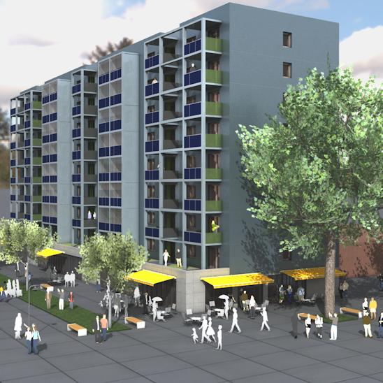 Die WGL, hier das künftige Wohnhochhaus am Königsberger Platz in Rheindorf, hat nach eigenen Angaben derzeit 415 barrierefreie Wohnungen im Bestand.