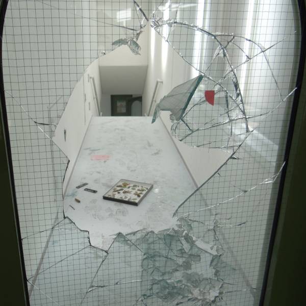 Eine zerschlagene Glastür und ein verwüsteter Gang zeigen das Ausmaß von Vandalismus in einer Schule.