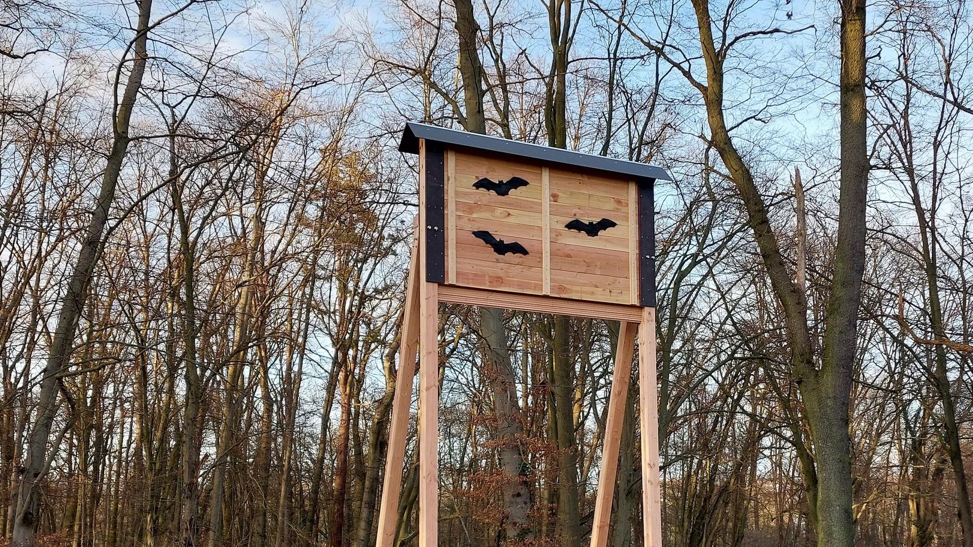 Ein Fledermauskasten steht in einem Park.
