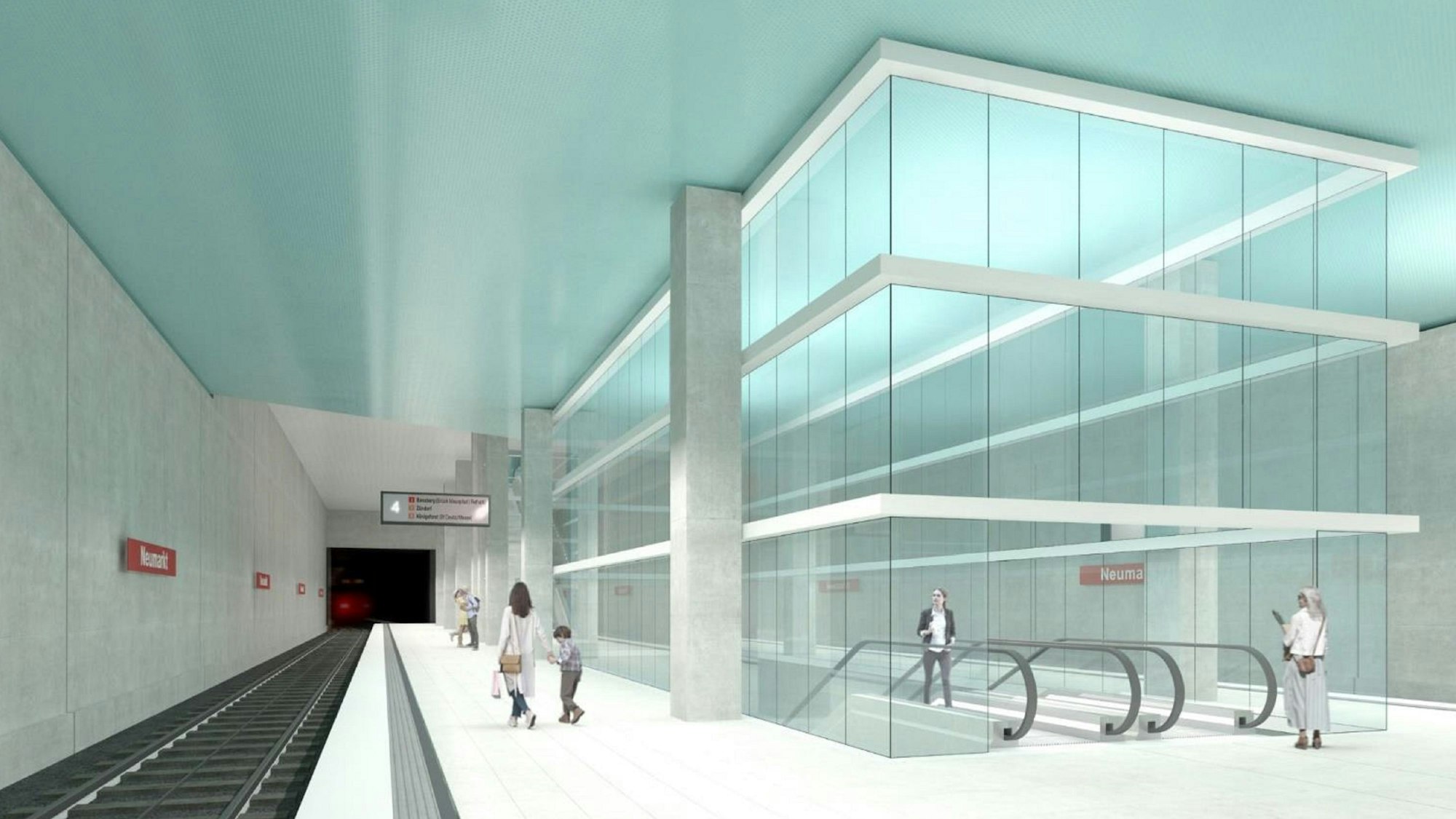 Eine Visualisierung der Stadt Köln zeigt eine helle, geräumige U-Bahn-Station Neumarkt, in der abwärtsführende Rolltreppen von einem Glasquader umgeben sind.