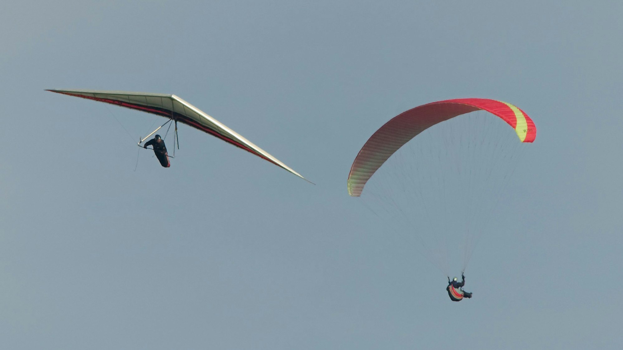 Gleitschirm- und Drachenflieger kreisen bei Heidelberg am Himmel.