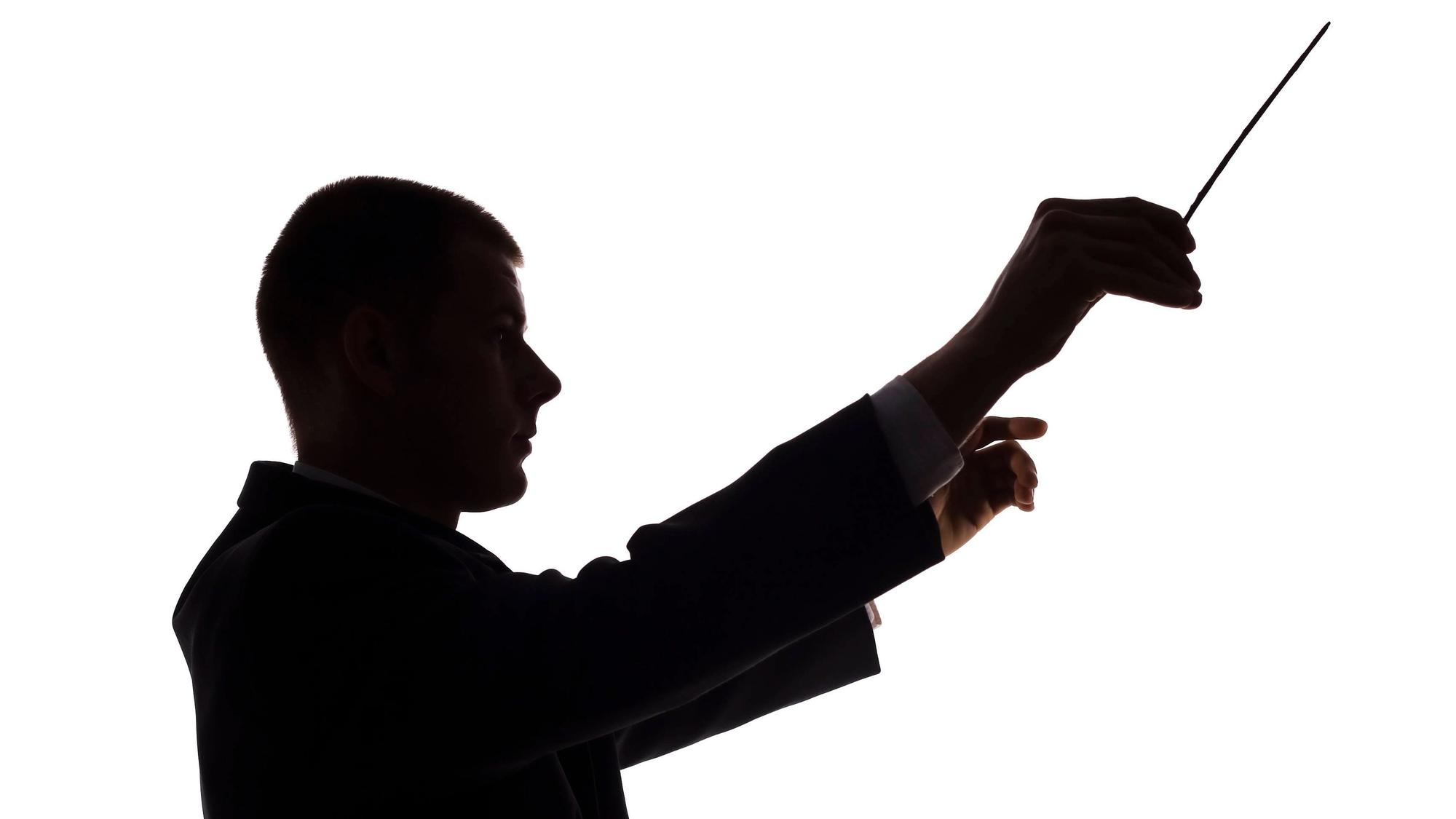 Die Silhouette eines Dirigenten vor weißem Hintergrund.