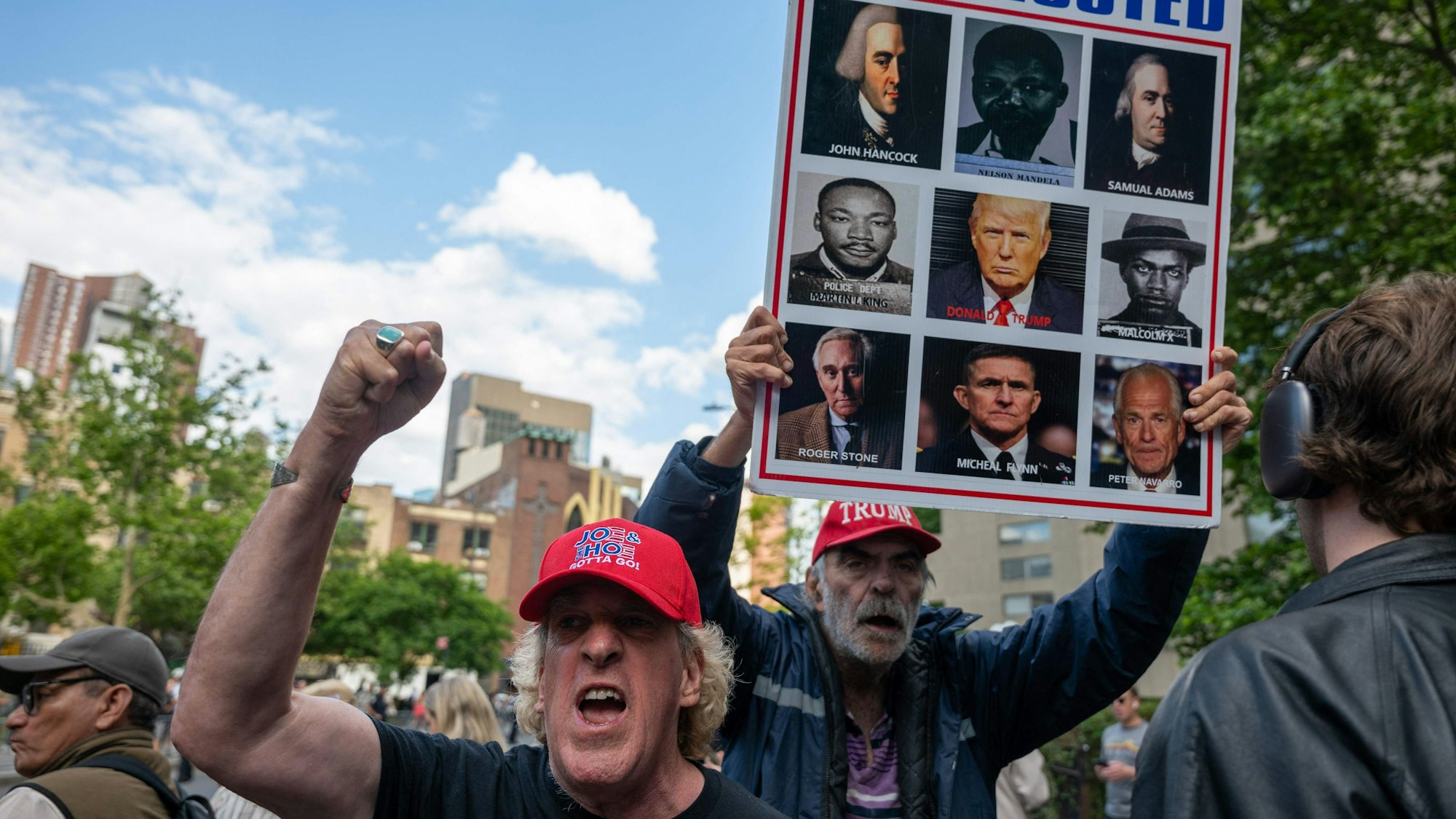 NEW YORK, NEW YORK - MAY 30: Supporters of former U.S. President Donald Trump react after he was found guilty in his hush-money trial at Manhattan Criminal Court on May 30, 2024 in New York City. Trump was found guilty on all 34 felony counts of falsifying business records in the first of his criminal cases to go to trial. Spencer Platt/Getty Images/AFP (Photo by SPENCER PLATT / GETTY IMAGES NORTH AMERICA / Getty Images via AFP)