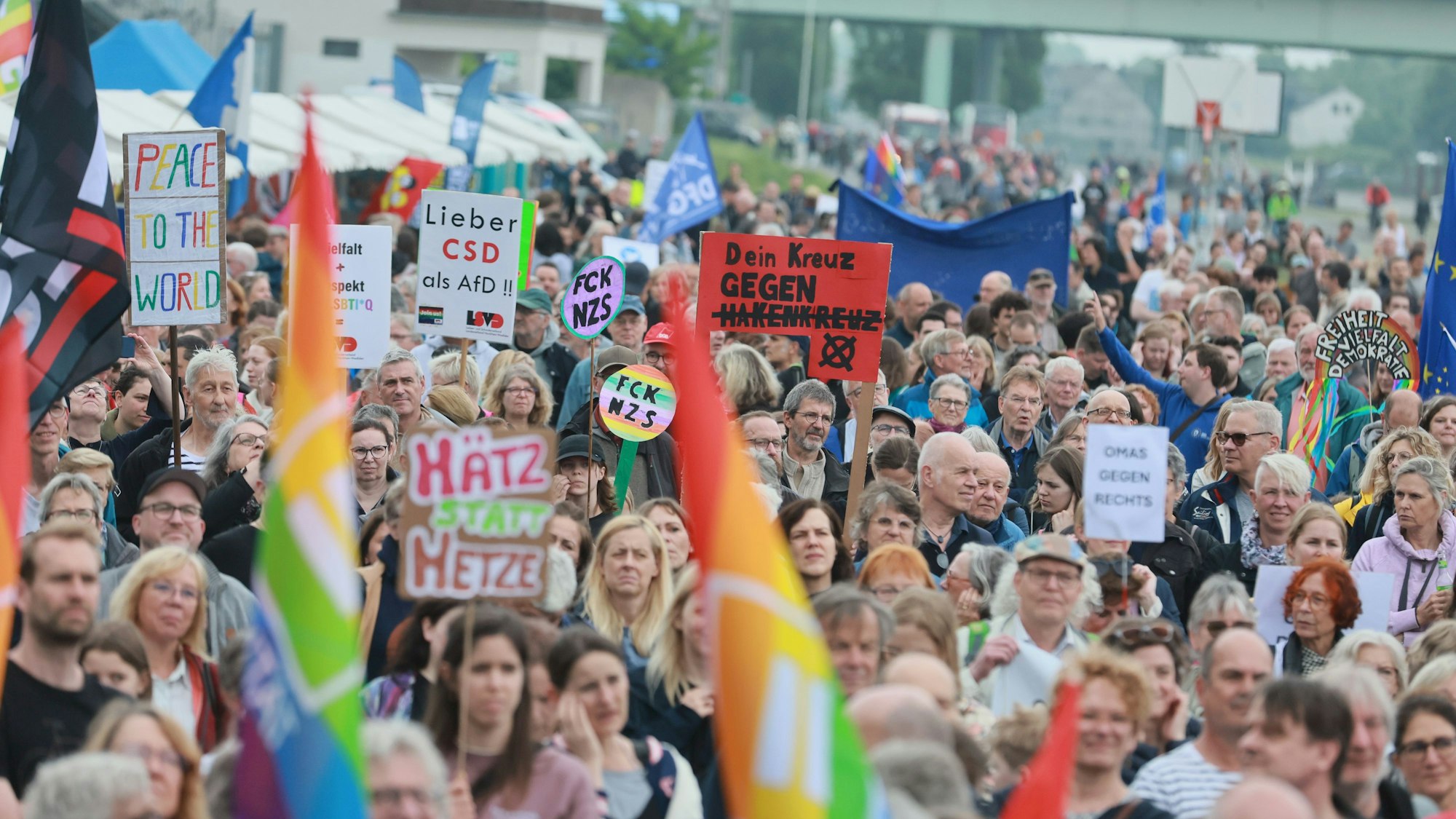 Menschen demonstrieren mit Plakaten und Regenbogen- oder Europaflaggen.