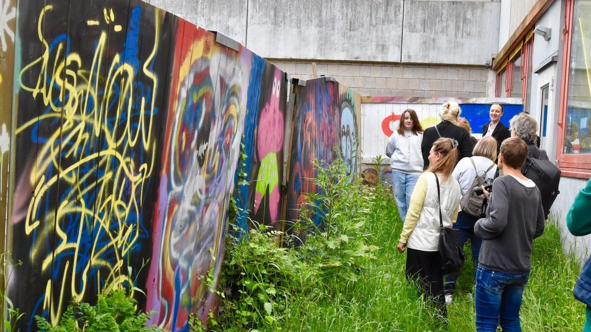 Eine Gruppe von Menschen betrachtet Graffiti-Kunst auf einem Bauzaun. Sie stehen in hohem Gras.