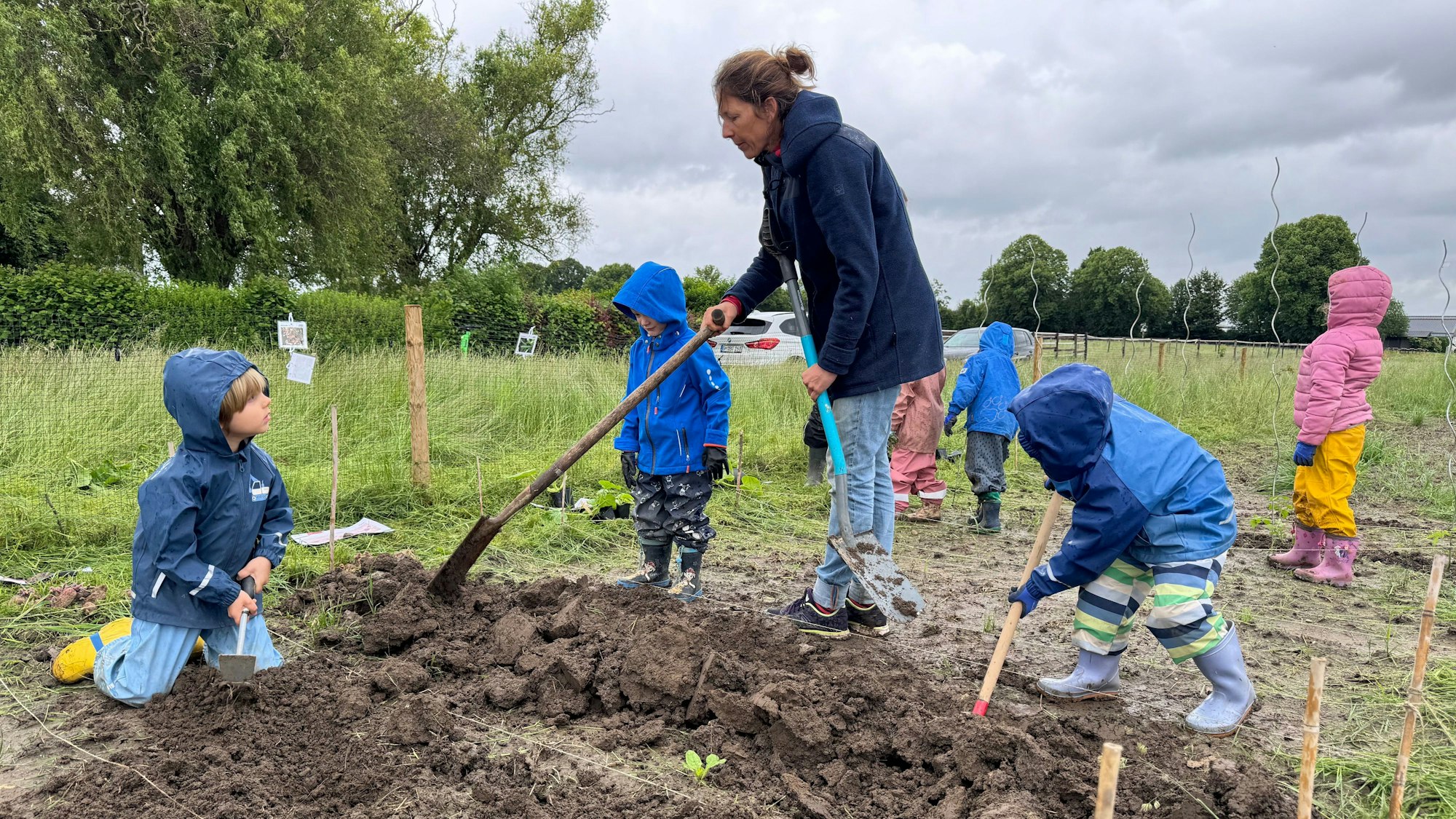 Auf dem Bild ist eine Waldpädagogin zu sehen, die Kita-Kindern zeigt, wie Bohnen gepflanzt werden.