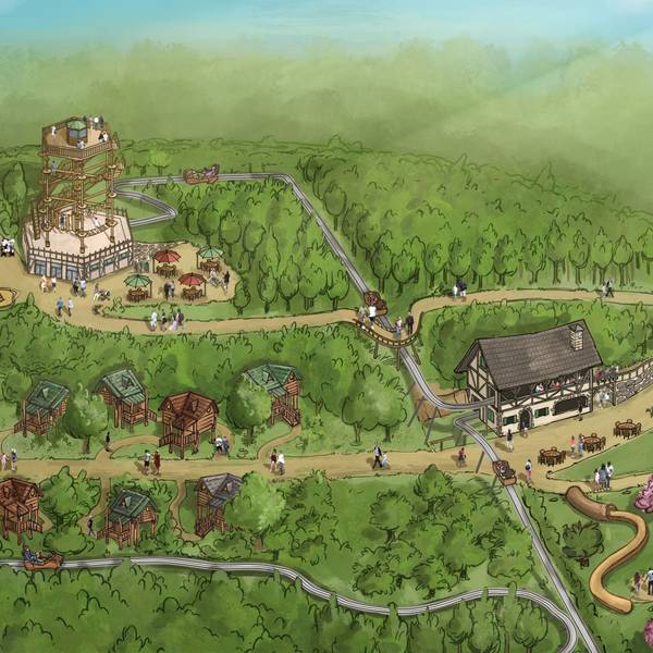 Übersicht über in mehreren Etappen geplante Attraktionen im geplanten Erlebnispark Eckenhagen mit Sommerrodelbahn und Kletterturm.