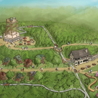 Übersicht über in mehreren Etappen geplante Attraktionen im geplanten Erlebnispark Eckenhagen mit Sommerrodelbahn und Kletterturm.