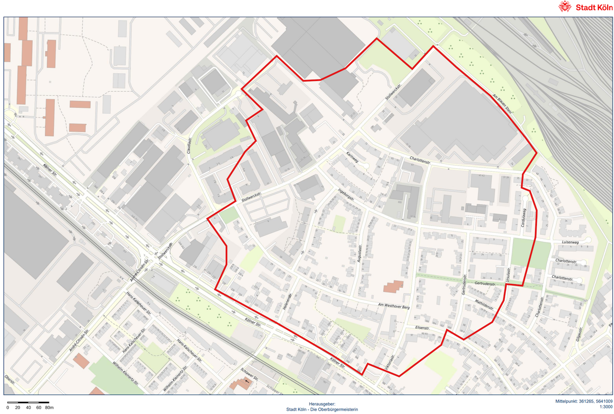 Karte von Köln-Westhoven mit Radius nach Bombenfund