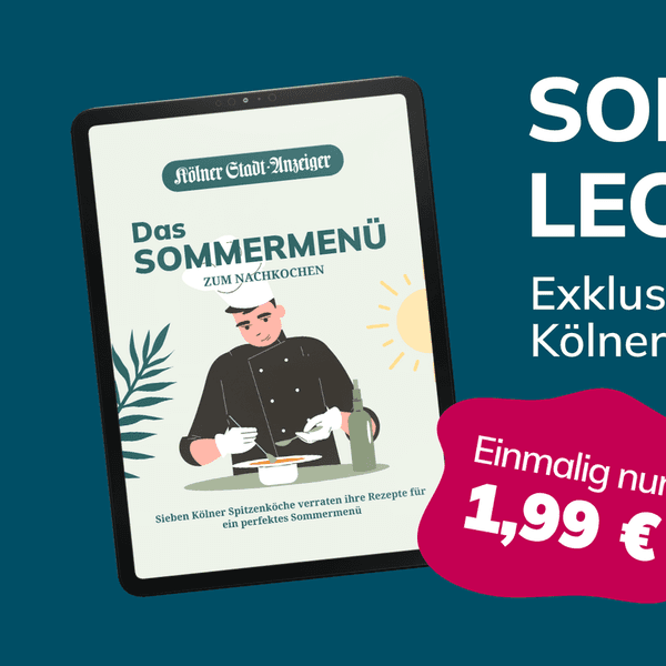 Illustration: ein Tablet mit dem Bild eines Kochs, Text: Sommerlich lecker, Exklusive Rezepte von Kölner Spitzenköchen.