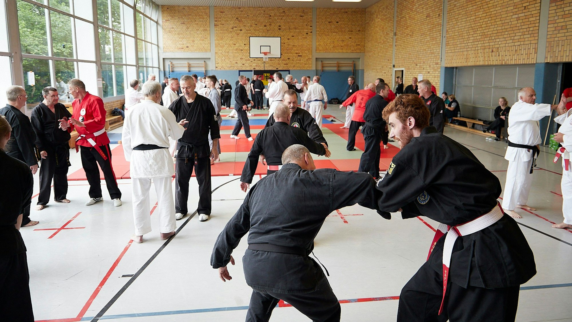 Zahlreiche Kampfsportler in schwarzen, weißen oder roten Anzügen trainieren in einer Sporthalle.