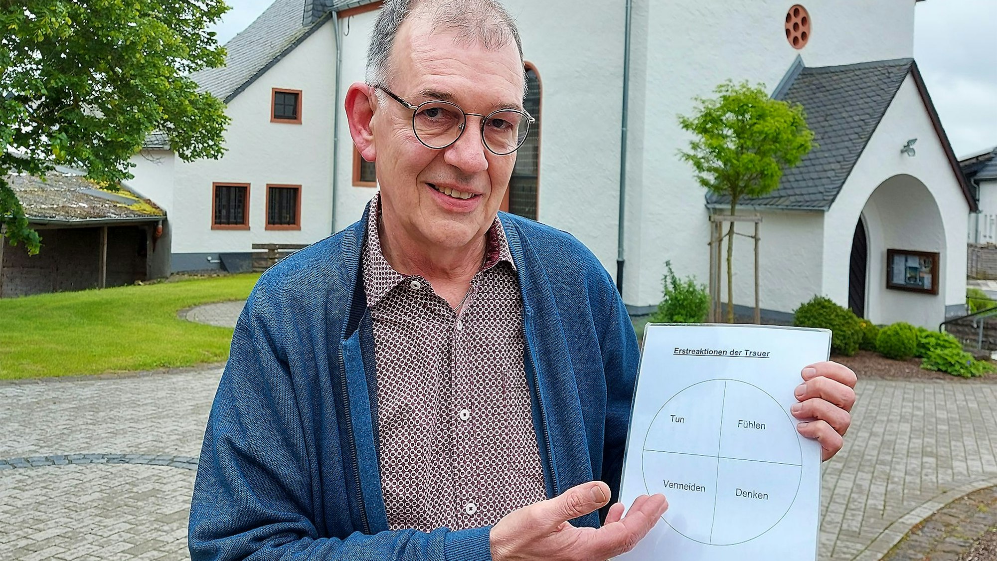 Martin Westenburger ist Pastoralreferent der GdG Blankenheim/Dahlem. Er steht vor der Kirche in Freilingen und hält ein Schaubild in der Hand.