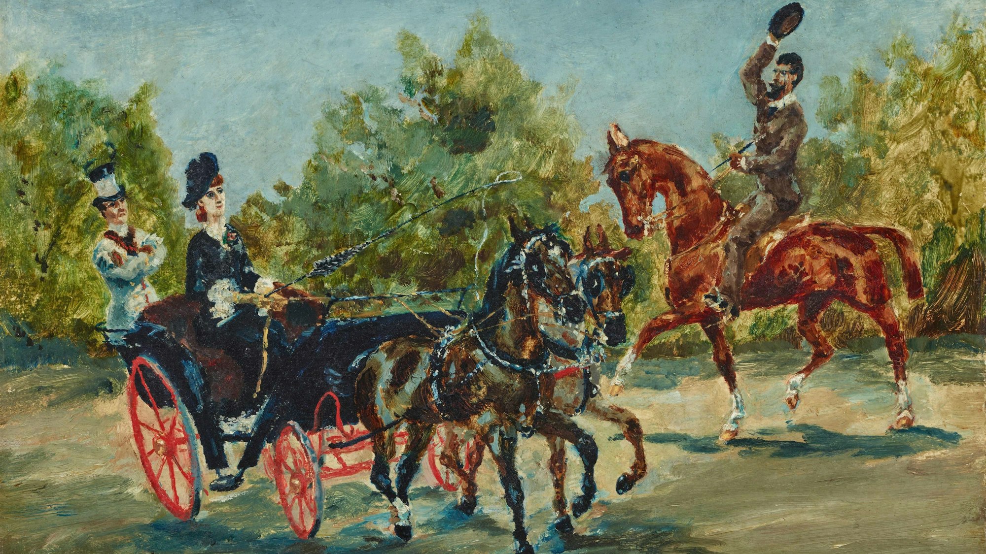 Ein Reiter grüßt eine Frau in einer Kutsche.