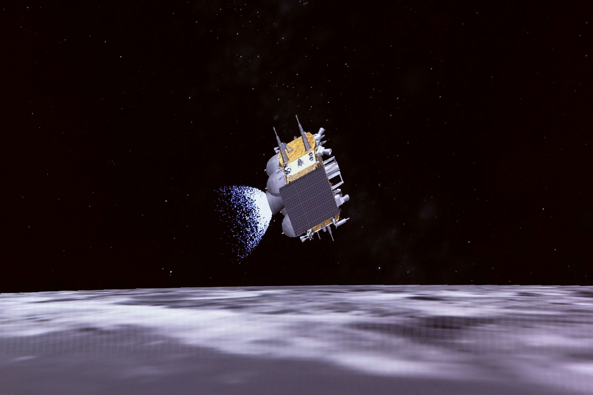 Dieses Bild aus einer Videoanimation des Pekinger Raumfahrtkontrollzentrums (BACC) zeigt, wie die chinesische Sonde Chang'e-6 mit Proben von der Rückseite des Mondes von der Mondoberfläche abhebt.