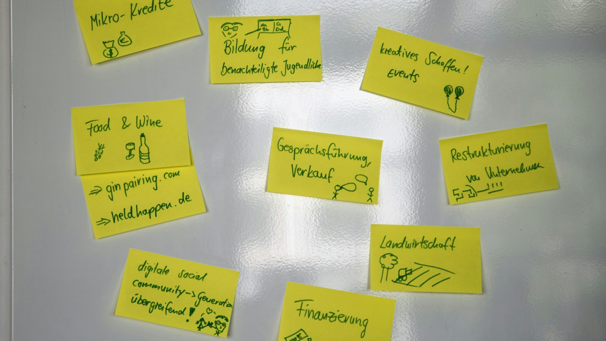 Zettel mit den Ideen für Startup-Unternehmen kleben an einer Tafel. (Symbolbild)