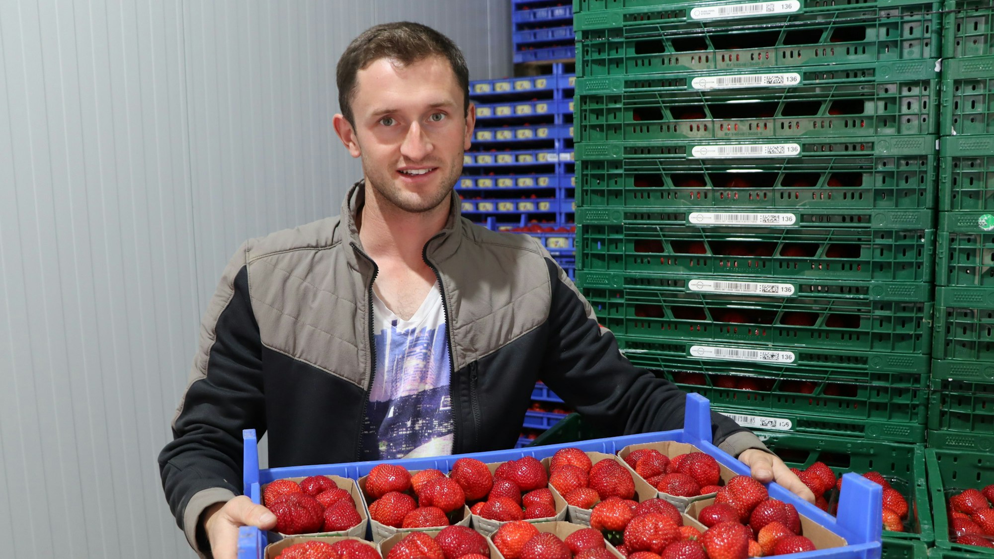 Alexander Langen, Juniorchef des Obst- und Gemüsehofs Langen in Kerpen-Buir, präsentiert eine Kiste Erdbeeren.