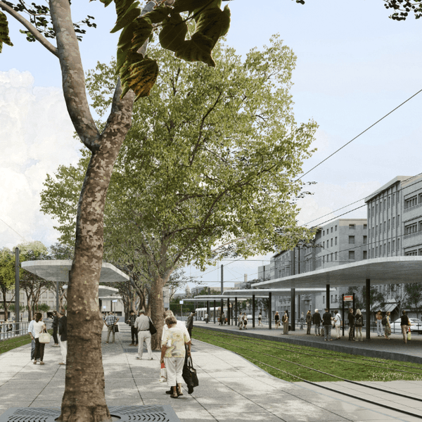 Visualisierung des Neumarkts mit Haltestellen und Gleisen mit Rasen